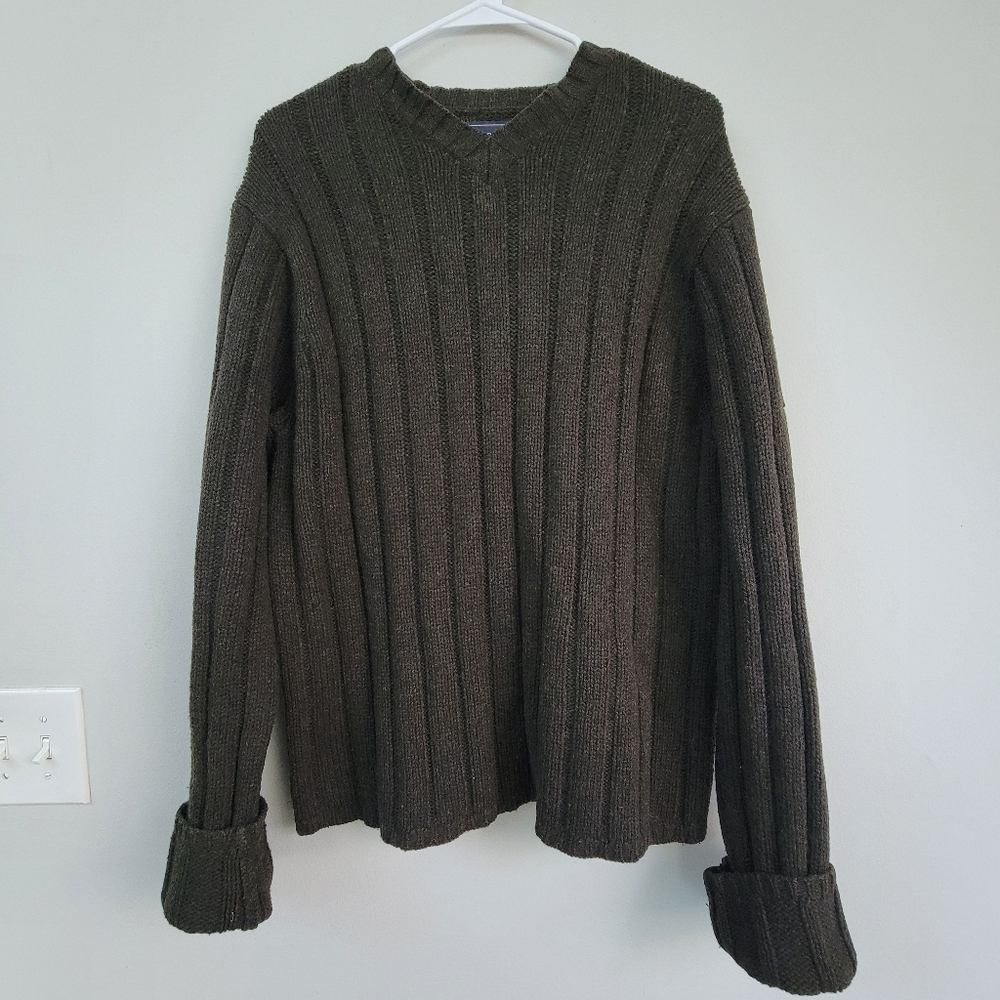 Abercrombie & Fitch Green Ribbed Y2K V Neck Sweater Men Size XL Military Grunge